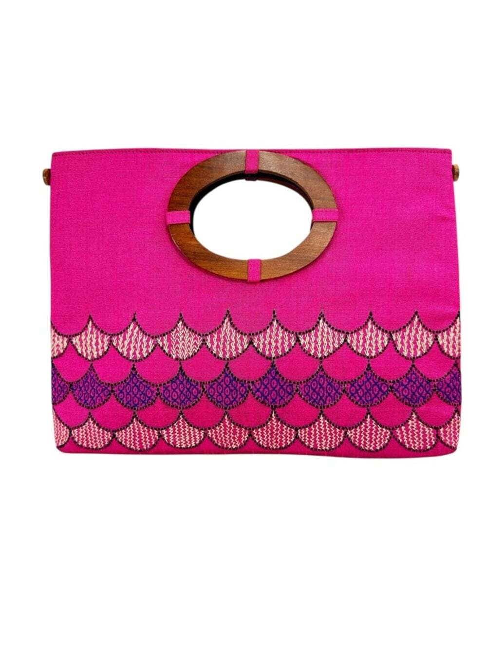 Paulami Embroidered Scallop Clutch Hot Pink Wooden Handle Evening Bag Boho